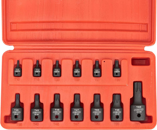 10281B Impact Torx Bit Socket Set, 1/4", 3/8" and 1/2" Drive, 6 Point Star Sockets, Heavy Duty Impact Grade Cr-Mo, T10 to T60 High Impact, Professional Grade Auto & Motorcycle Mechanic Socket