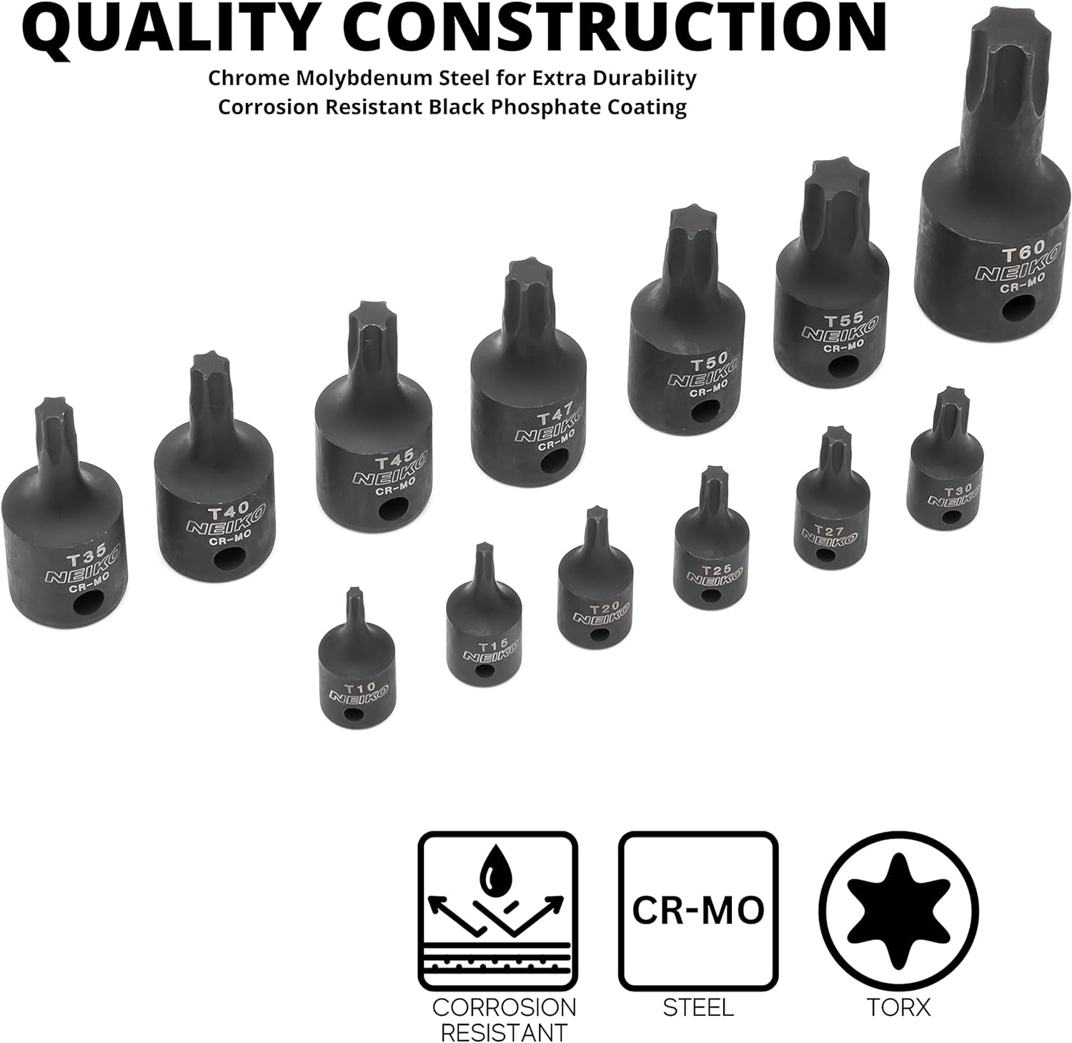 10281B Impact Torx Bit Socket Set, 1/4", 3/8" and 1/2" Drive, 6 Point Star Sockets, Heavy Duty Impact Grade Cr-Mo, T10 to T60 High Impact, Professional Grade Auto & Motorcycle Mechanic Socket