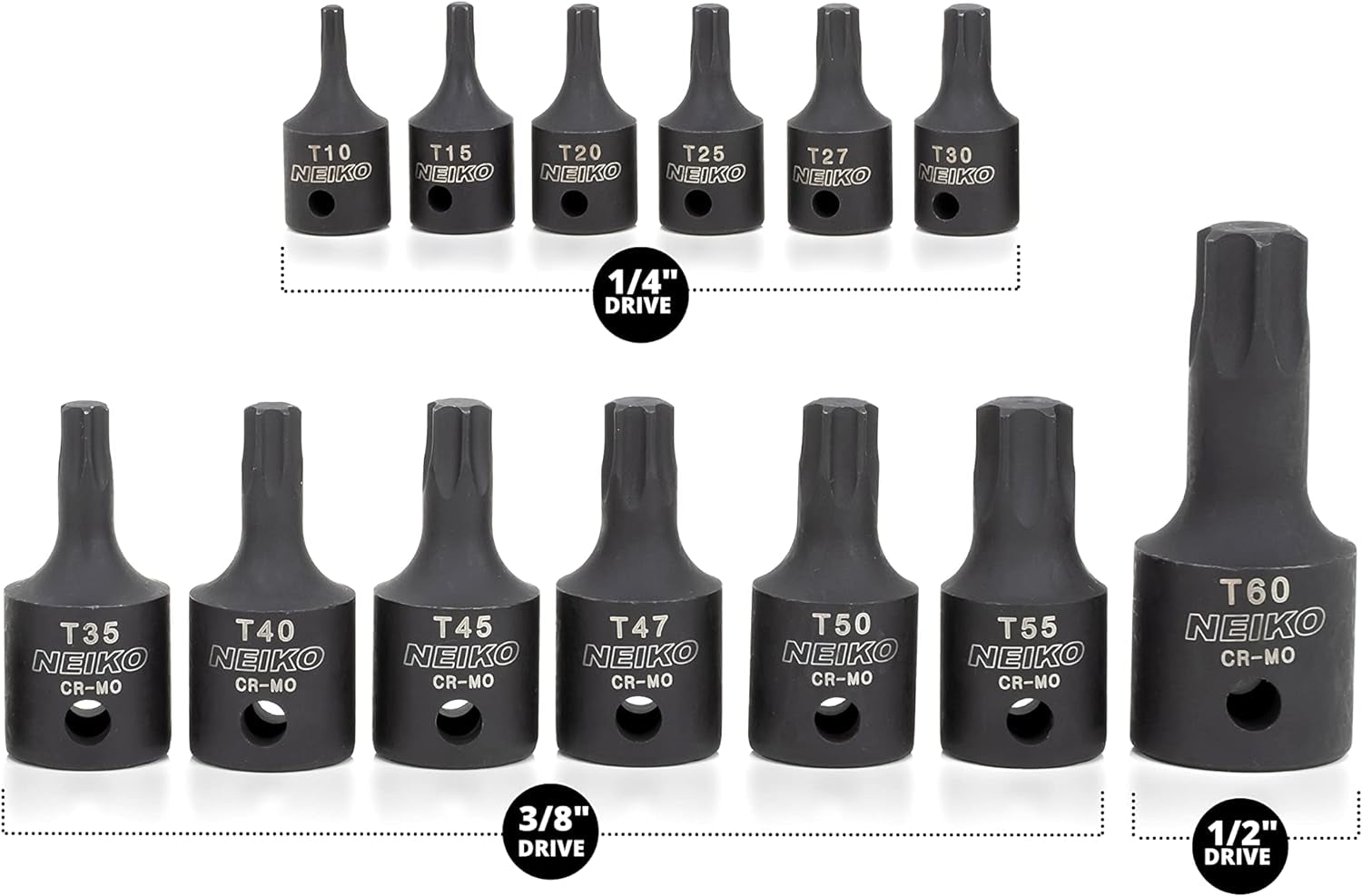 10281B Impact Torx Bit Socket Set, 1/4", 3/8" and 1/2" Drive, 6 Point Star Sockets, Heavy Duty Impact Grade Cr-Mo, T10 to T60 High Impact, Professional Grade Auto & Motorcycle Mechanic Socket